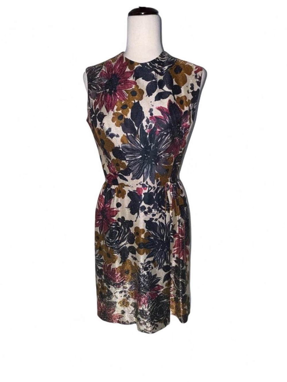 Vintage 1960s Mod Gold Metallic Shimmer Floral Cocktail Shift Dress size small